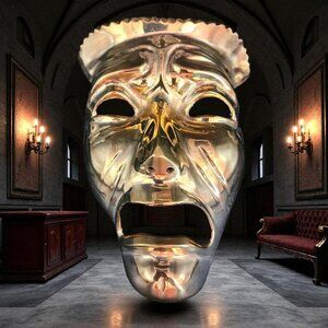 Tragedy Death Mask Cast Brass Metal Wall Art 7 inch Haunting Halloween Gothic